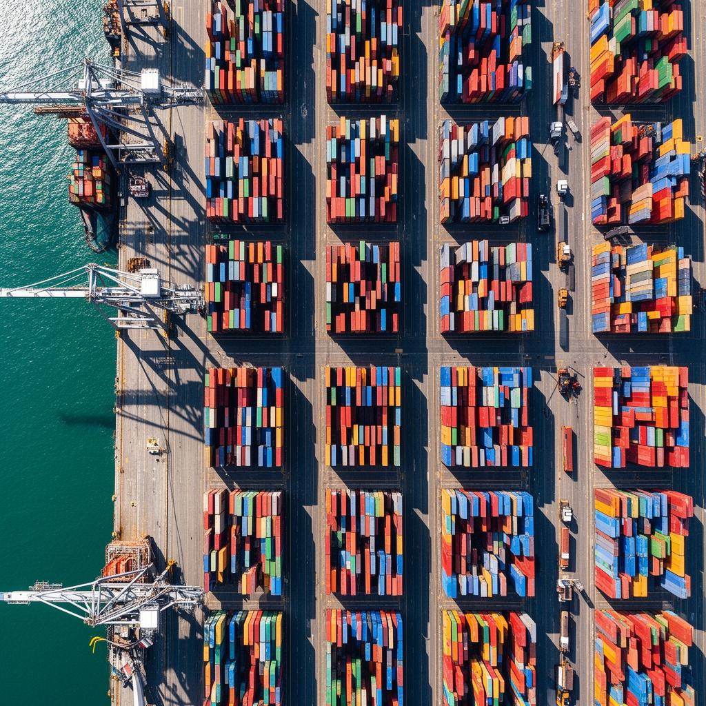 Aerial view of stacked shipping containers at a port